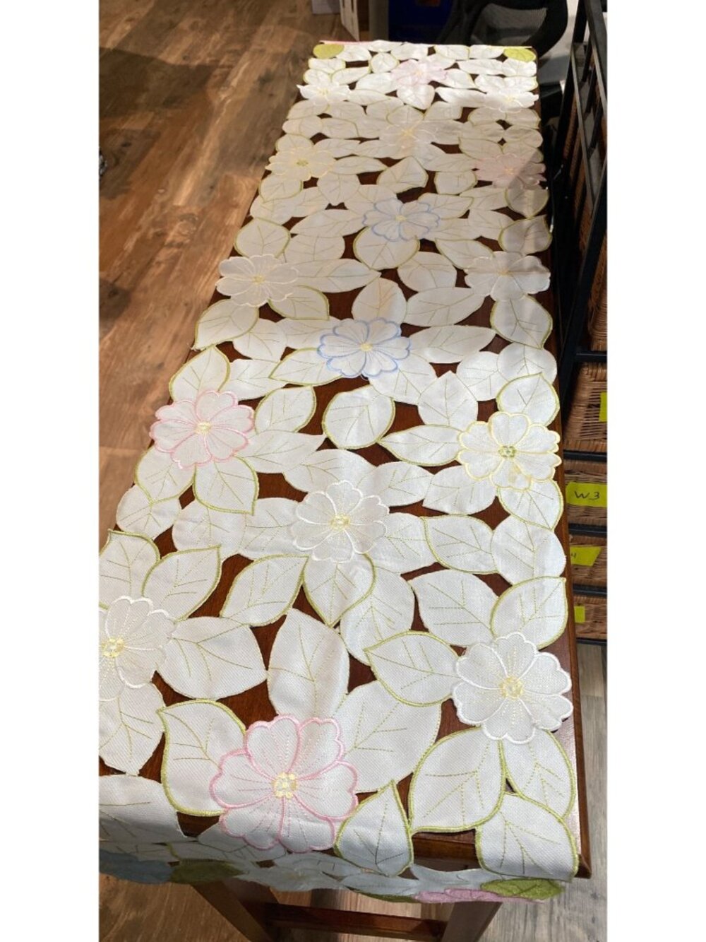 Cutout Floral Embroidered Table Runner 54" White With Pink Yellow & Blue Flowers